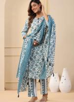 Cotton Blue Traditional Wear Printed Readymade Kurti Set